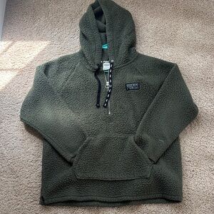 PINK Olive Green Sherpa Pullover Hoodie